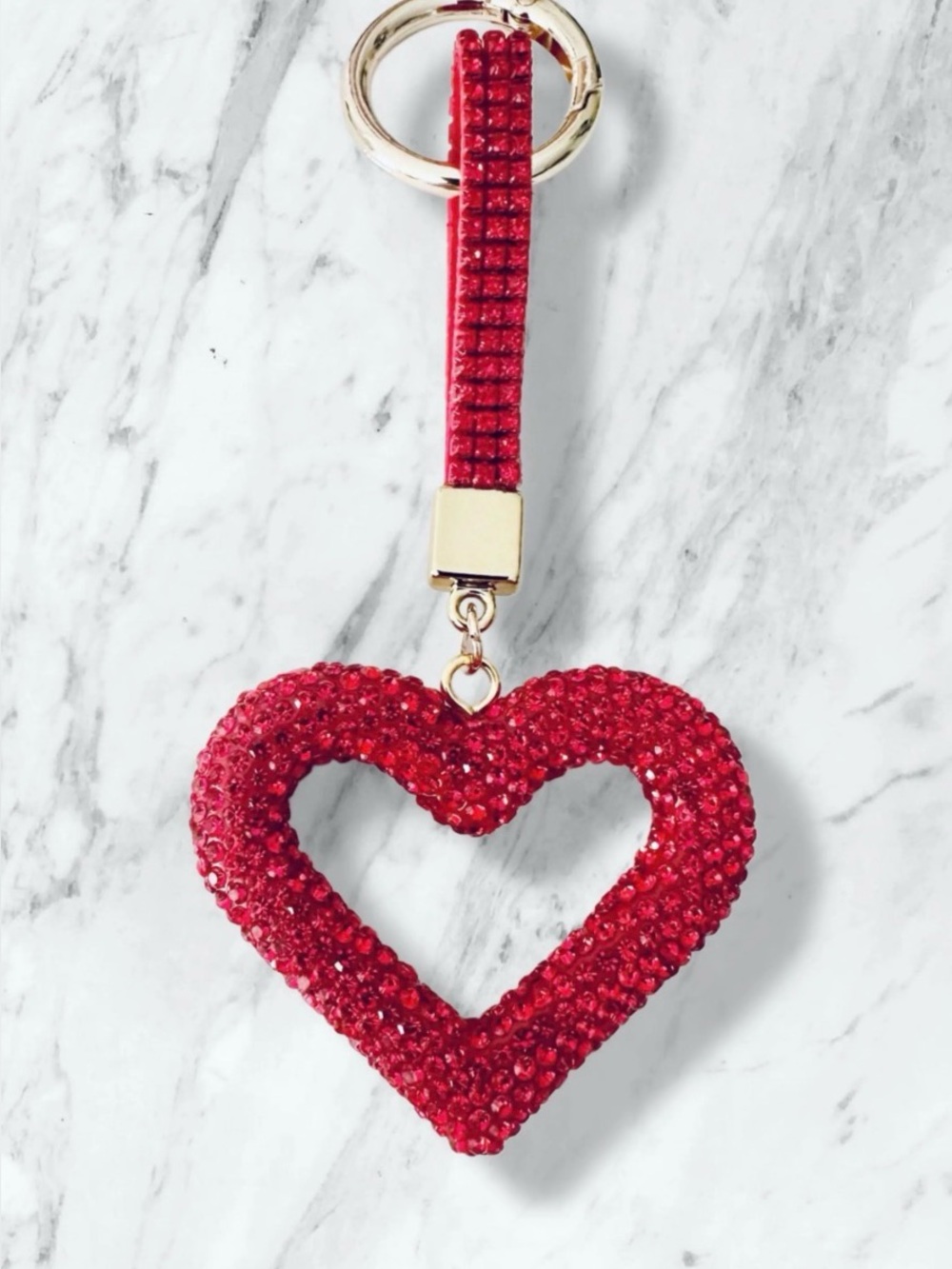 Red Heart Rhinestone Keychain Charm - Women's Accessory